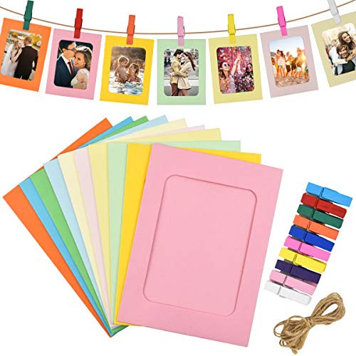 30Pcs Colorido Marcos de Fotos de Papel Kraft con 30Pcs Clips de Madera y 3 Pcs Cordel, 6x4 inch Marcos de Fotos de Cartón, Marco de Imágenes de Papel para Hogar Colegio Oficina Pared Decoración