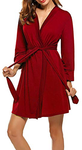 UNibelle Donna Pigiama Kimono Camicia da Notte con Cintura Scollo a V Camice da Notte Corto da Notte Nightdress rosso L
