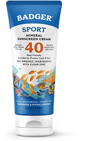 Badger Company, Sport, Mineral Sunscreen Cream, SPF 40, Unscented, 2.9 fl oz (87 ml)