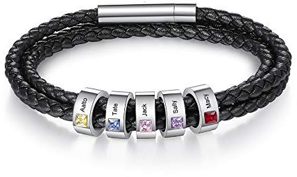 ALBERTBAND Herren Armband Schwarz Personalisierte Geburtssteine Armbänder Silber Leder Armband Damen mit Gravur 1-5 Namen Freundschaft Familie Geschenke Silber Charm Armband (5 names-21cm)