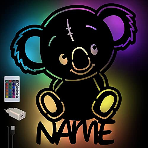 Koala Bär Farbwechsel Wand Lampe Nachtlicht Baby Geschenke mit Namen Schlummerlicht Holz Licht für Kinder I USB + Fernbedienung