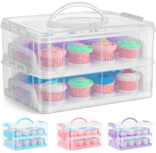SG Traders Cupcake Carrier with Handle, 2 Tier Cupcake Box Bake Cake Holder, 24 Muffin Cases Stackable Cake Caddy, Baking Cupcake Boxes Cupcake Cases, Plastic Storage Box with Adjustable Compartments
