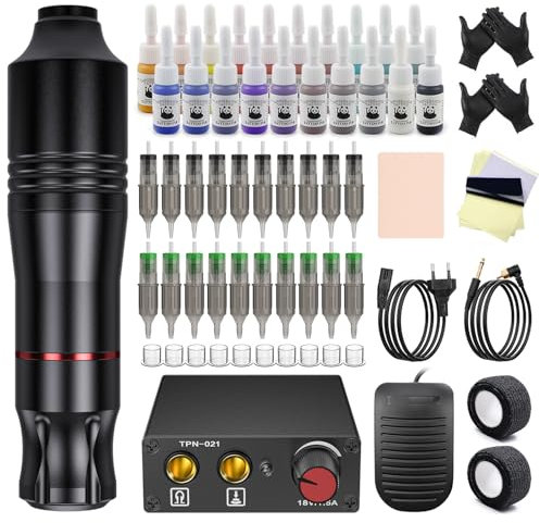 Biomaser Tattoo Maschine Set Rotary Komplettes Tattoo Pen Kit Tattoo Set Rotary Tattoo Maschine Set Netzteil mit 20Pcs Tattoo Nadeln 20 Tattoo Tinte für Anfänger und Tattoo Künstler