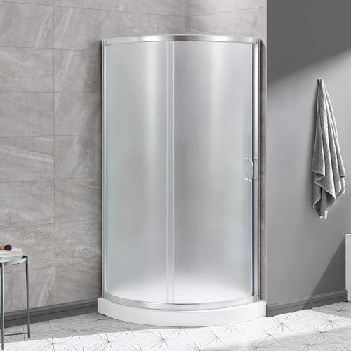 OVE Decors Breeze 34 in. Corner Shower Sliding Door, With Included Base, Frosted Glass and Satin Nickel Finish