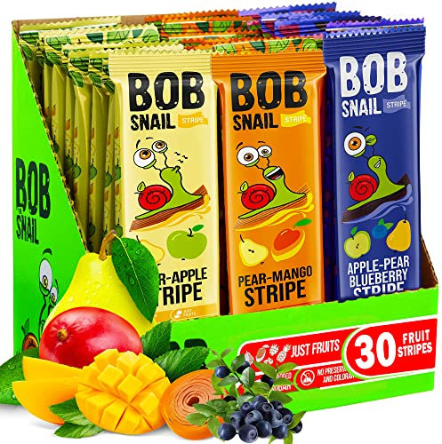 Bob Snail Vegane Süßigkeiten Vielfrucht-Riegel - 30 Gesunde Snacks Einzeln Verpackt Für Kinder und Erwachsene mit Mango, Blaubeeren, Birnen und Apfel - Zuckerfreie Low Carb Kalorienarme Süßigkeiten