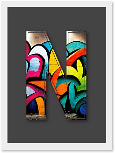 Wee Blue Coo Letter N Tagging Multicoloured Decorative Graffiti Mural Alphabet Initial Stencil Artwork Framed Wall Art Print A4