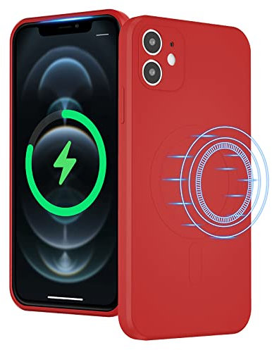 UEEBAI Wireless Charging Case For iPhone 12 6.1 inch, Liquid Silicone Built-in Magnets Phone Case Compatible with MagSafe Faster Charging Slim Fit Soft Microfiber Cover - Red