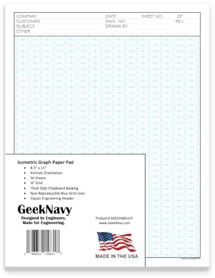 GeekNavy Isometrisches Grafikpapier, 21,6 x 27,9 cm, Hochformat, 0,6 cm Raster, kein Foto, hohe Helligkeit, Zeichnung, Ingenieurwesen, Kunst, 3D-Design, 1 Stück