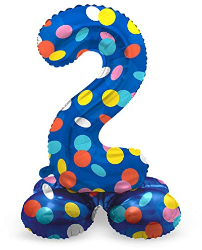 Folat 63972 Luftballon Geburtstag Stehender Ziffer Zahl 2 Colorful Dots Blau mit farbigen Punkten 72 cm - Decoration Geburtstagdeko, Ballon Zahl, Kein Helium erforderlich