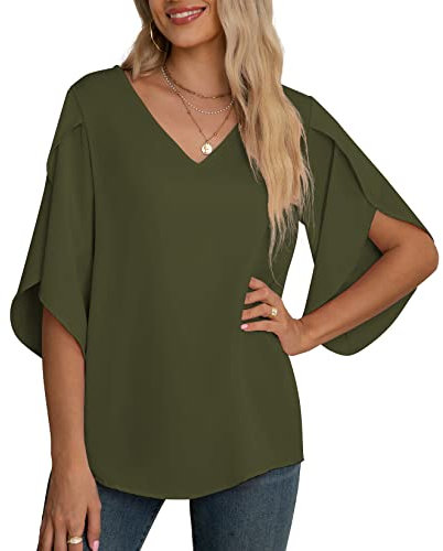 Yommay Damen Bluse Elegant V Ausschnitt Sommer T-Shirts Casual Leicht Chiffon Tunika Kurzarm Tops,Armeegrün,XL