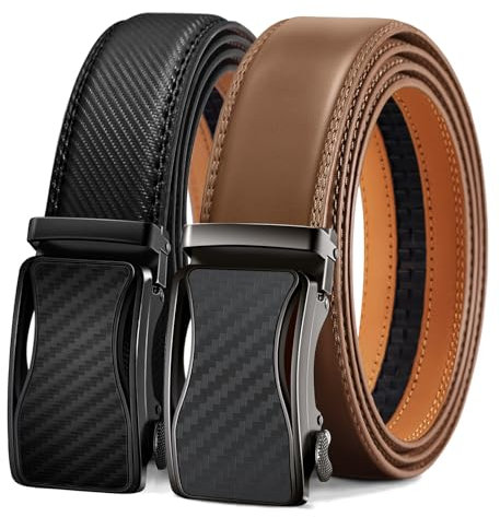 KEMISANT Gürtel Herren 2er, Ledergürtel Gürtel Ratsche Automatikschließe für Herren Verstellbar 35mm Breit mit Geschenkbox(Schwarz/Tawny-130cm/38-44 taille verstellbar)