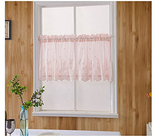 SHTGOI Kurze Vorhänge 130 x 41cm Vintage Kaffee Vorhang Spitze Stickerei Kurzgardine Halbtransparent Gardinen Voile Kurzstore Bistrogardine Scheibengardinen für Küchen Schlafzimmer Rosa