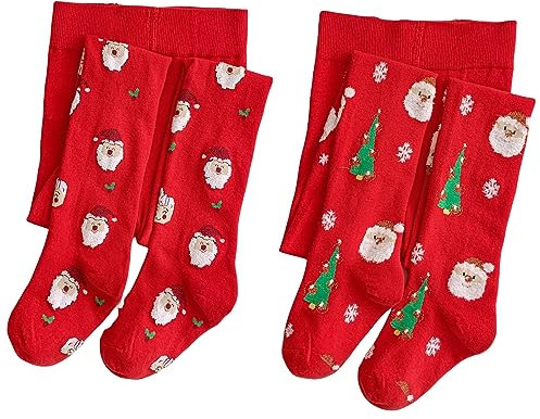 Silkglory Natalizi Collant Neonata,Collant bambina con Babbo Natale e Decorazioni per Albero di Natale, Leggings Calze Collant in Cotone per Neonato Rosso 2-3 Anni 2 Pezzi