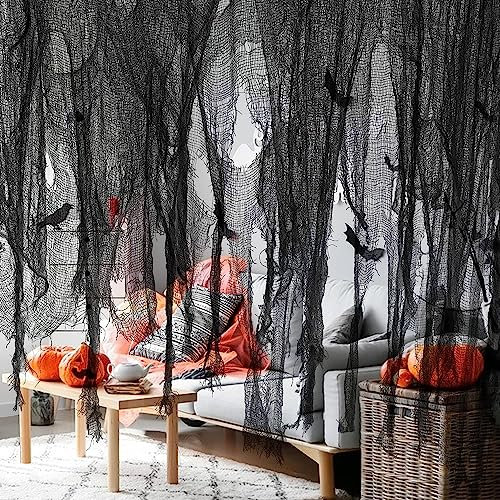 GIONAR 500x100CM Halloween Gruseliges Tuch Dekorationen, Halloween Gruseliger Stoff,Gruseliges Tücher für Halloween Party Innen Außen Gruselhäuser Türen (Schwarz)