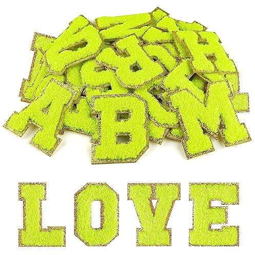 Morcheiong 26Pcs Self Adhesive Chenille Letter Patches A to Z, Chenille Letters for DIY Clothing, Fabric, Shoes, Bags (Gold)