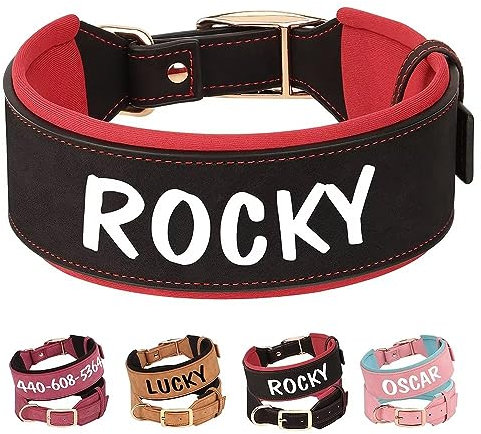 PET ARTIST Haltbares PU Leder Gepolstertes Hundehalsband für Mittlere Großen Hunde. Anpassbar mit Namen, Heavy Duty Metallschnalle, Geeignet für Pitbulls und Große Hunde, Schwarz M