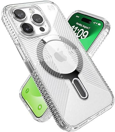 Speck Klare iPhone 15 Pro Hülle – ClickLock rutschfeste Interlock, gebaut für MagSafe, Fallschutzgriff – Kratzfest, vergilbungsfrei, 6,1 Zoll Handyhülle – Presidio Grip Clear/Chrome
