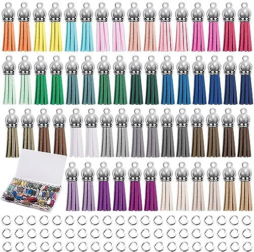 CLKE 120 Stück Zubehör Schlüsselanhänger aus Leder, Pompons für Schlüsselanhänger, DIY mit Kappe, Quasten und offenen Ringen für Schmuck, Anhänger, Handtasche, Dekoration (Silber)