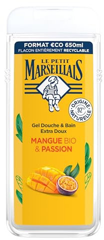 Le Petit Marseillais | Gel Douche Extra Doux Mangue Bio & Passion (flacon de 650 ml) – 92% d'ingrédients d'origine naturelle – pH neutre pour la peau et sans colorant
