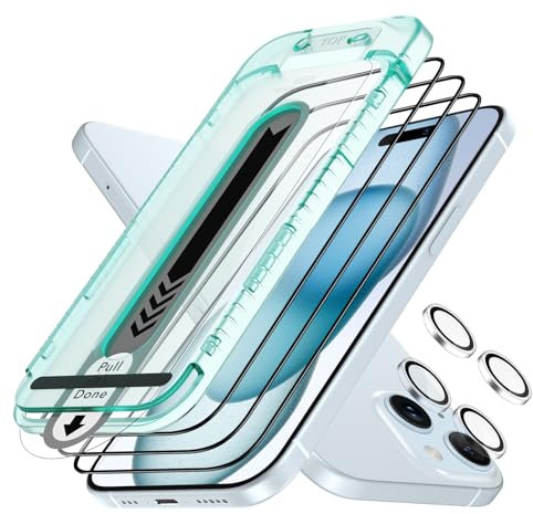 ESR iPhone 15 für Panzerglas, Armorite Displayschutzfolien-Set, extrem robustes gehärtetes Glas, Rahmen für einfache Anbringung, 3 Stück mit 2 Sätze individuellem Kamera Schutz