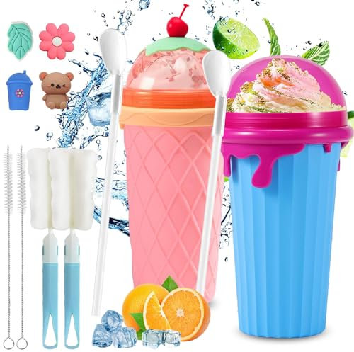 Taza de granizado, 2 vasos de 330 ml, taza de granizado de silicona, para hacer granizados, para hacer granizados, para hacer smoothie, taza de verano con cuchara de pajita