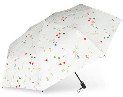 vrbabies Sombrilla UV, compacto y ligero, mini paraguas de viaje, resistente al viento y a la lluvia y al 99 % de protección UV, sombrilla con revestimiento negro anti-UV regalo para mujeres, flores,