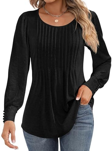 Cuptacc Damen Langarmshirt 2025 Herbst Rundhals Langarm Mit Button Tunika Elegant Plissee Puff Sleeve Shirt Damen Schwarz XL 46-48