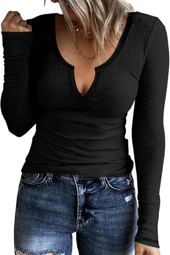 TrendiMax Womens Long Sleeve Notch V Neck T Shirts Ribbed Fleece Knit Casual Slim Fitted Tops Tee Shirt