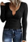 TrendiMax Womens Long Sleeve Notch V Neck T Shirts Ribbed Fleece Knit Casual Slim Fitted Tops Tee Shirt Black