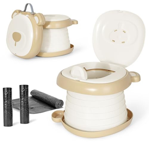 Orzbow Travel Potty for Toddlers,Foldable Portable Potty for Toddlers w/Splash Guard,Stronger Support,Anti-Slip & Stable,Lightweight,No Installation Required,45pcs Potty Bags Included,Khaki