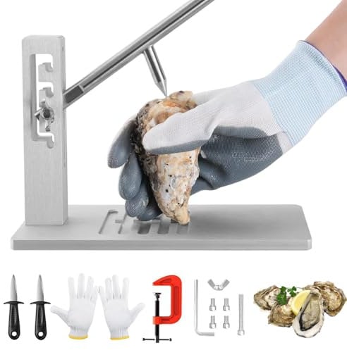 Kensbro Oyster Shucker, Stainless Steel Austernmesser, Einstellbares Austernöffner, Comercial Austern-Öffner-Kit, Meeresfrüchte-Werkzeuge mit 1 Paar Handschuh, 2 Austernmesser, 1 Befestigungsclip