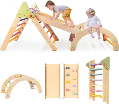 LOL-FUN 7-in-1 Klettergerüst Set, Faltbares Kletterdreieck mit Rutsche und Kletterbogen, Holz Multifunktionales Indoor-Spielzeug für Kleinkinder