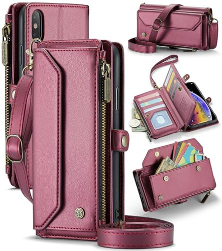 UFinetech Crossbody Wallet Case Hülle für iPhone XS Max, RFID-Blockierung, Kabelloses Laden, Stoßschutz, Verstellbarer Gurt, Kartenfächer, PU-Leder, Integrierter Ständer, Burgunderrot