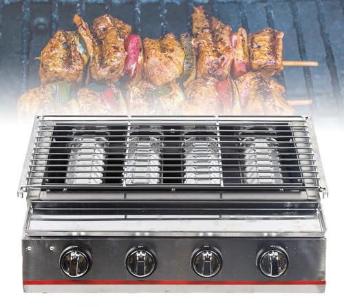 4 Burner Gas BBQ Grill Station Grill,Multifunctional for Outdoor Grilling,Stainless Steel Steak Grill Smoke Free Table Top Grill OvenStainless Steel for Picnic Height Grill Outdoor Camping