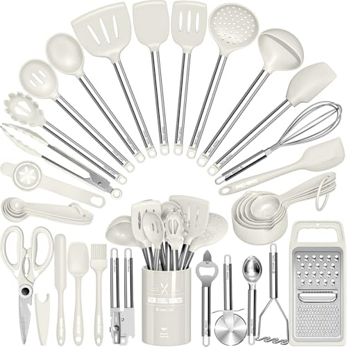 Umite Chef Küchenutensilien-Set, 34-teilig, Silikon-Kochutensilien-Set für antihaftbeschichtetes Kochgeschirr, Silikon-Spatel-Set, Edelstahl-Griff, weiße Küchenhelfer, Werkzeuge, Töpfe und Pfannen