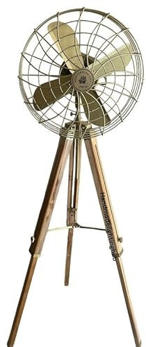 Ventilador de pedestal de teca natural y latón | Ventilador de suelo giratorio industrial en soporte de trípode de madera | Circulador de aire eléctrico resistente