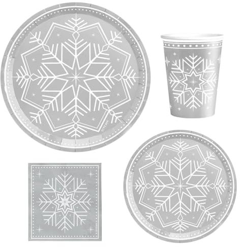 OH YEAH - Vajilla Navidad Cartón Ecológico - Kit 6 Personas - Decoración Navidad Winter Plata - Pack 48 uds - Temática Navideña - Ideal para Nochebuena, Fiestas y Cenas Especiales