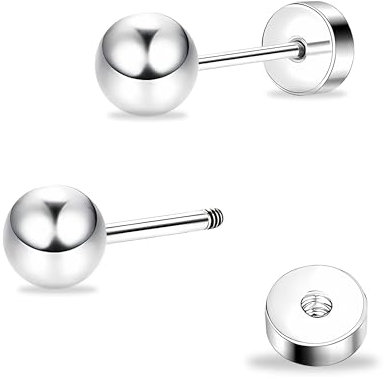 ZDE Titan Damen Ohrringe flach zurück Kugel Ohrstecker Frauen hypoallergene Ohrstecker für empfindliche Ohren 4mm flach Ohrstecker perfekt für Helix Tragus Knorpel Ohrläppchen (Silver)