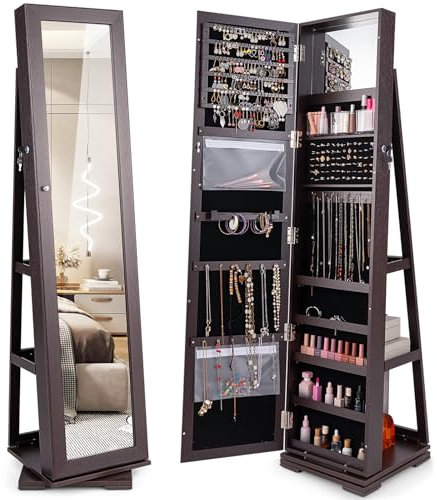 COSTWAY Armoire à Bijoux Pivotante à 360 Degrés, Organisateur de Bijoux sur Pieds, avec Grand Miroir Psyché et Etagère de Rangement à L’Arrière (Brun Foncé)