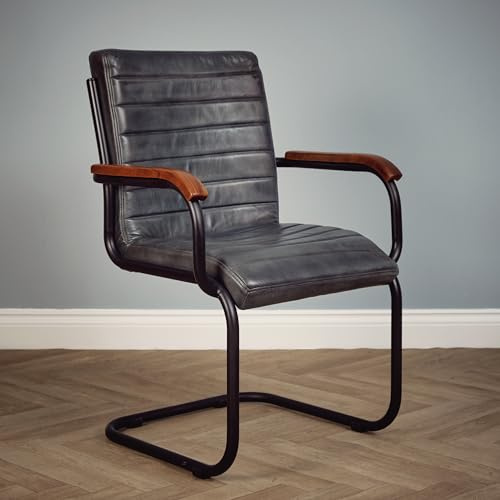 Elm home and garden 100% Real Genuine Leather Dining Kitchen Chair Metal Frame Tan Brown Grey With Arms Fully Assembled (Grey)