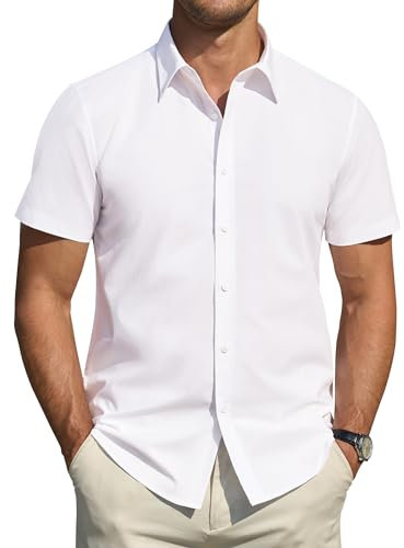 J.VER Mens Shirts Short Sleeve Stretch Stain Shield Summer White Shirt Men Regular Fit Non Iron Dress Business Casual Work Office Formal Shirts 5XL