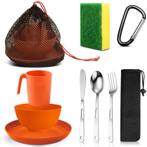 Scout Camping Mess Kit für Person, Pfadfinder-Geschirr-Set, Pfadfinder, mit Netztasche, wiederverwendbar, leicht, Essutensilien, Kunststoff, Camping-Besteck-Set für Reisen, Camp