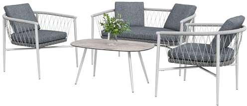 Outsunny 4 TLG. Rattan Gartenmöbel-Set, Gartengarnitur mit Schaukelfunktion, Sitzgarnitur mit 1 Doppelsofa 2 Sesseln 1 Couchtisch, Kissen, Stahl Sitzgruppe für Terrasse, Garten, Grau