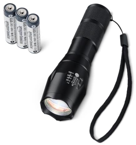 Amazon Basics Handheld LED Flashlight with 5 Light Modes - 200 Lumen Zoomable Handheld Torch - Water Resistant Aluminum Flashlight with Lanyard - Batteries Included - Black