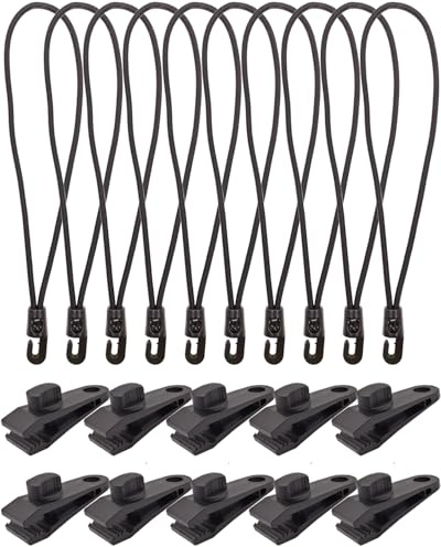 BINCKIN Tarp Clip Heavy Duty Lock Grip, 20 Pack Bungee Cord with Clips Set, Heavy Duty Tarp Clamps Tie Downs for Pool Awning Cover, Car Cover (Black)