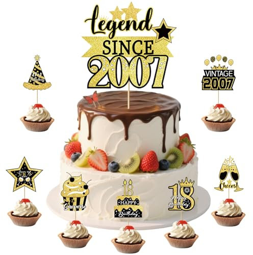 49 Stück Tortendeko 18 Geburtstag, 1 Stück Aufschrift Legend Since 2007 Alles Gute zum 18 Geburtstag, Kuchen Deko, Torten Topper, Tortenstecker für 18 Geburtstagsfeier Frauen Männer Geburstagstorte
