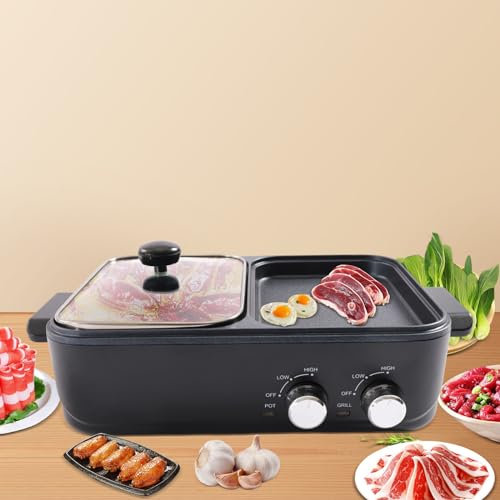 Hot Pot 2-IN-1 Electric Grill with Hot Pot BBQ Grill Chafing Dish Indoor, Nonstick and Smokeless, 2L Dual Temperature Control Electric BBQ Pot Cooker for 3-4 People 1500W 220V for Party Camping