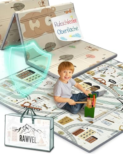 RAWVEL Krabbelmatte baby faltbar [150x180cm / 1cm Dick] Spielmatte Baby faltbar [100% BPA-Frei] Spielmatte Kinder Playmat krabbeldecke Doppelseitig | 2-in-1 Montessori Design | + Tragetasche