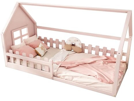 Goldicoo Montessori Hausbett 90X200 - Kinderbett aus Holz mit Rausfallschutz und Lattenrost - Bodenbett mit Dach - Rosa