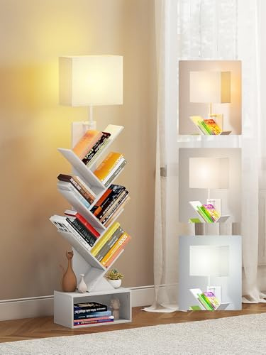 Quikraen 6-Tier Tree Bookself with light Tall Bookcase Tower Bookcases Free Standing Bookcase with Storage Cabinet for Living Room Bedroom Home Office and Room Decor Wood (White)